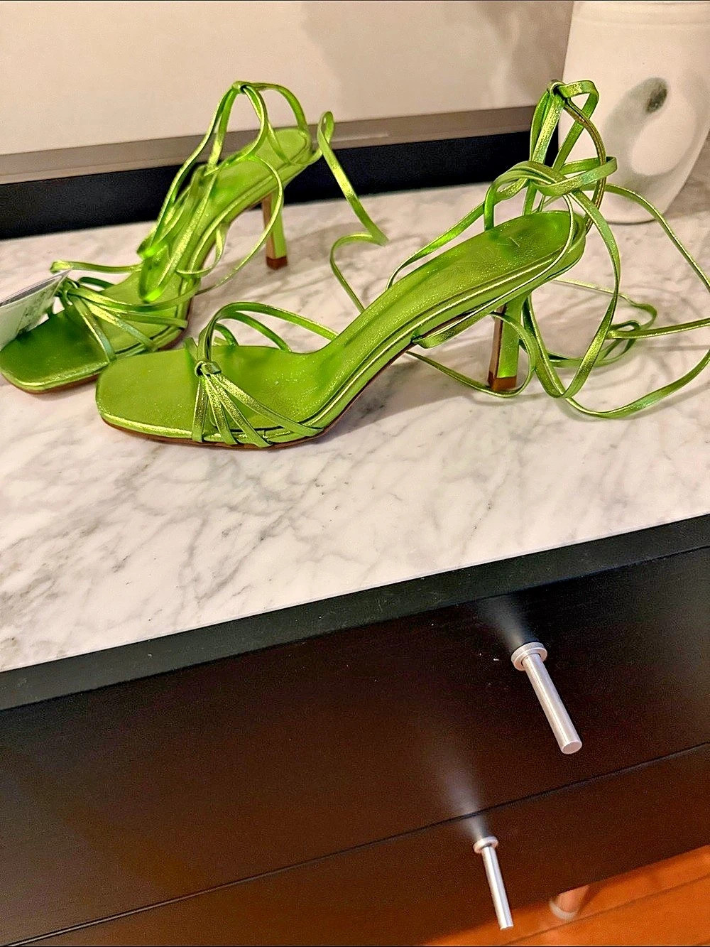 Mango Metallic Strappy Heeled Sandals Green US 9 (size 40)